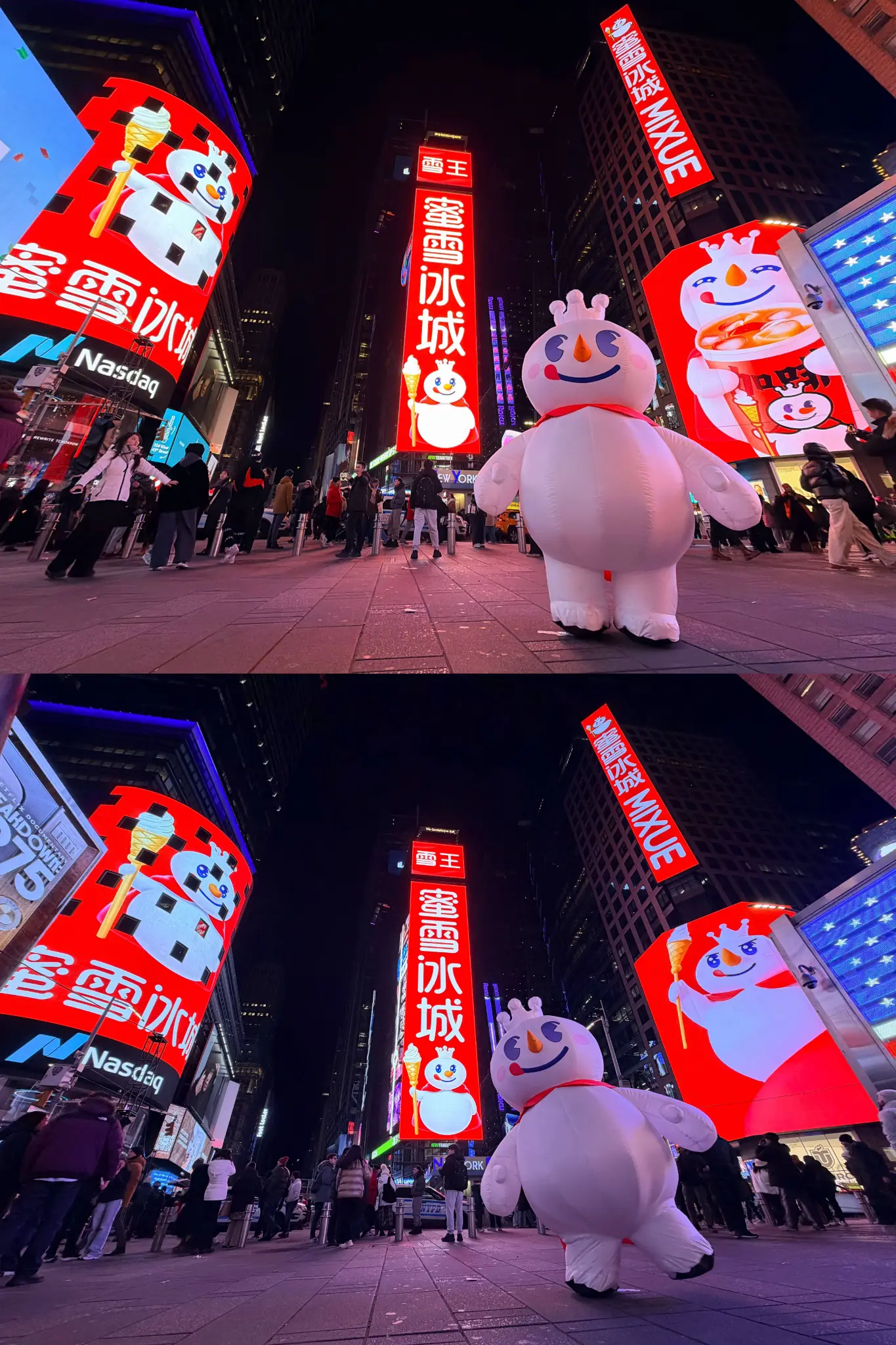 Mascotes de boneco de neve MIXUE em rua de Nova York com multidões tirando fotos
